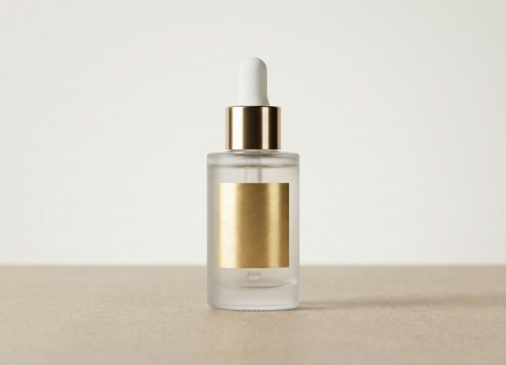 Clear glass dropper bottle with gold cap and label