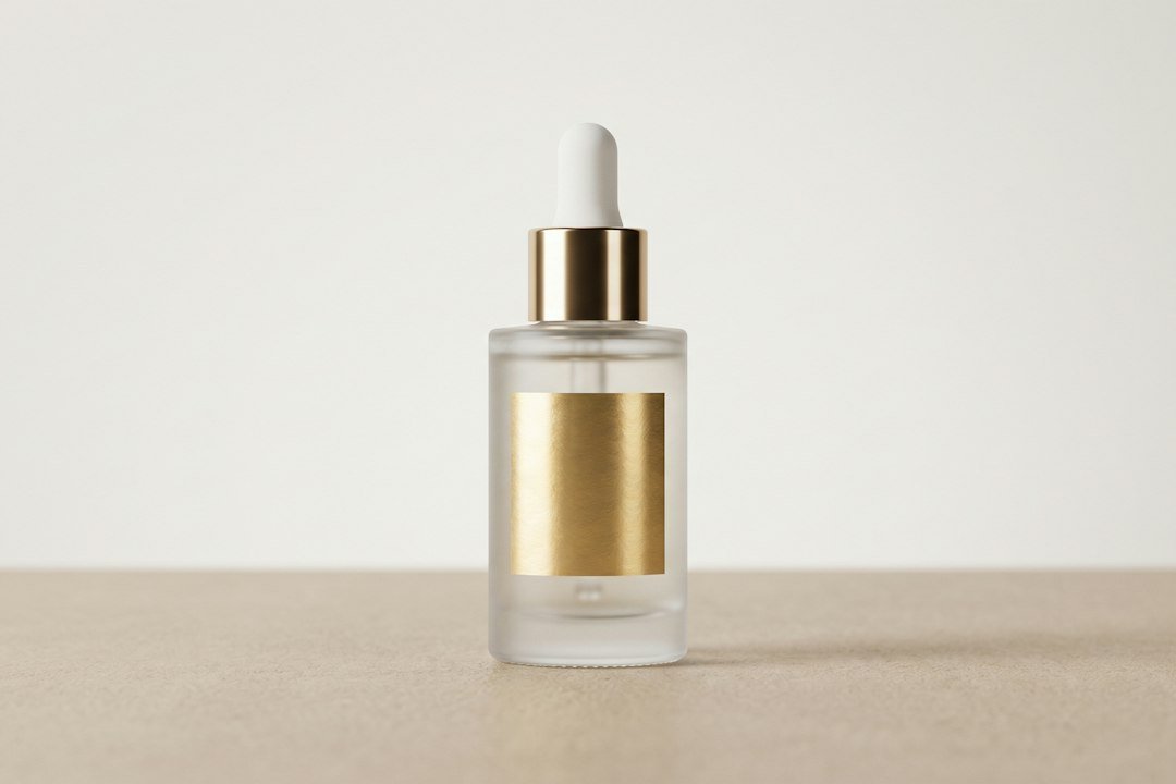 Clear glass dropper bottle with gold cap and label